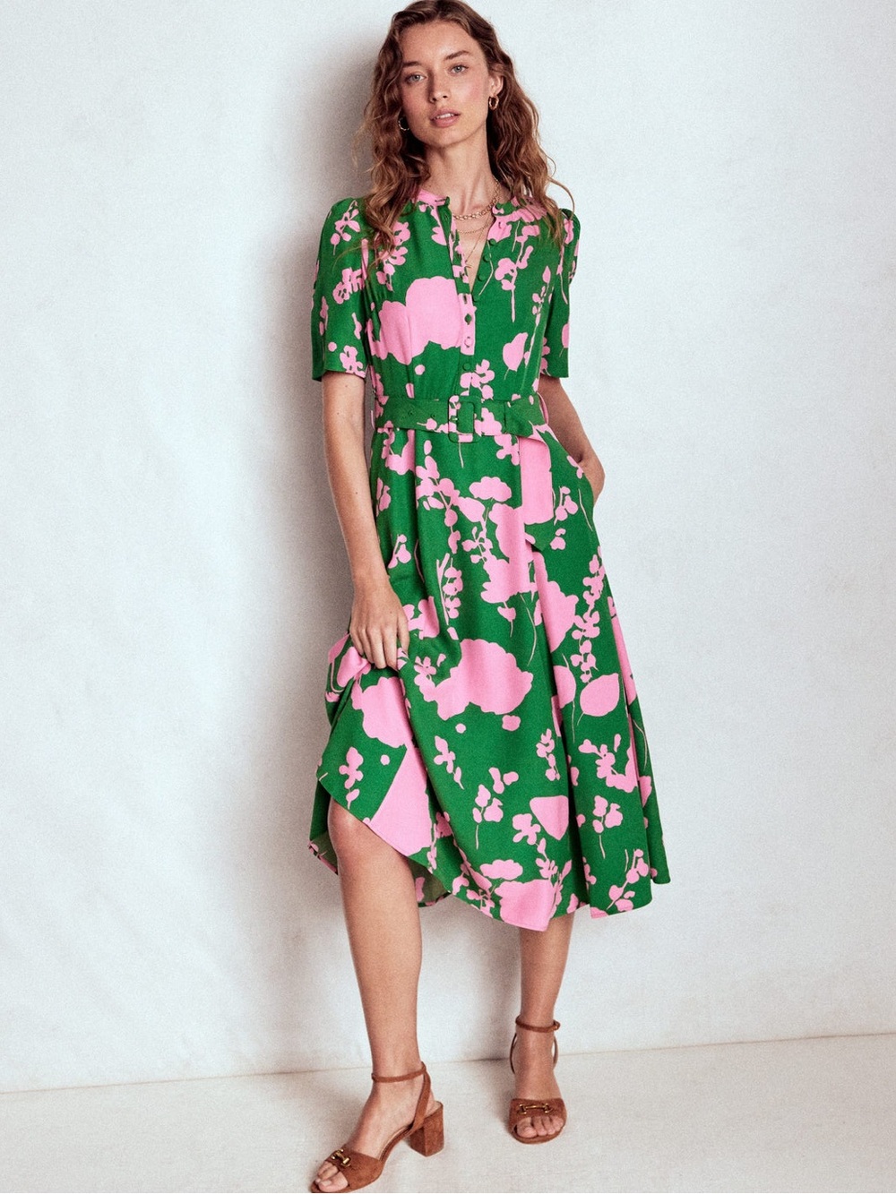 Boden Green Midi Dress with Pink Floral Print - Picture 1 of 5
